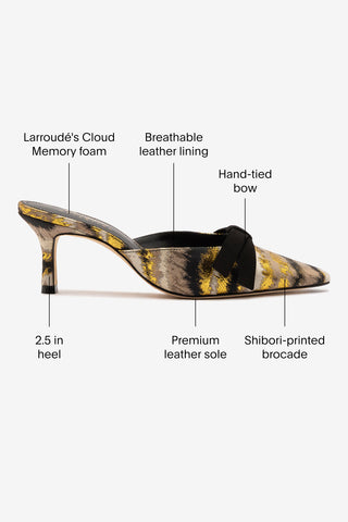 Larroudé x Markarian Mule In Floral Embroidery Gold Fabric