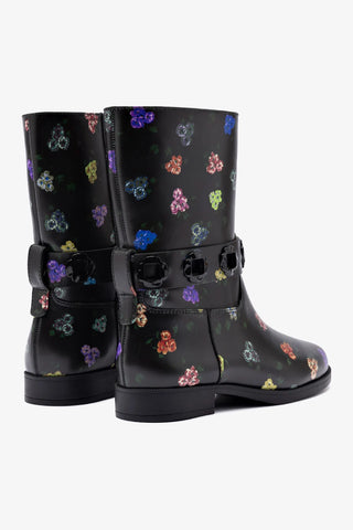 Larroudé x Libertine Milan Flat Bootie In Black Leather and Printed Pansies