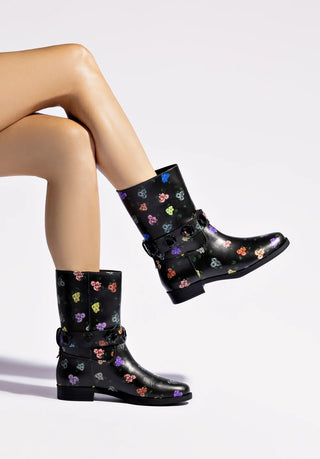 Larroudé x Libertine Milan Flat Bootie In Black Leather and Printed Pansies