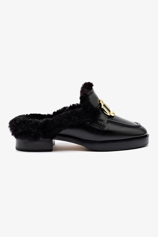 Bobbie Mule In Black Leather and Black Shearling