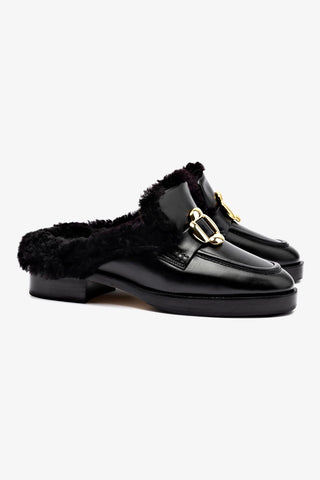 Bobbie Mule In Black Leather and Black Shearling