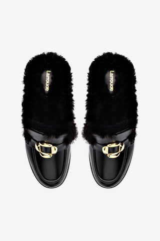 Bobbie Mule In Black Leather and Black Shearling