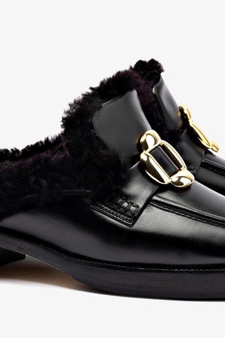 Bobbie Mule In Black Leather and Black Shearling