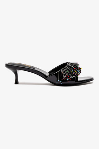 Larroudé x Jonathan Cohen Fringe Greta Mule In Black Patent Leather