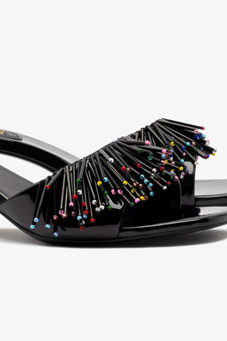 Larroudé x Jonathan Cohen Fringe Greta Mule In Black Patent Leather