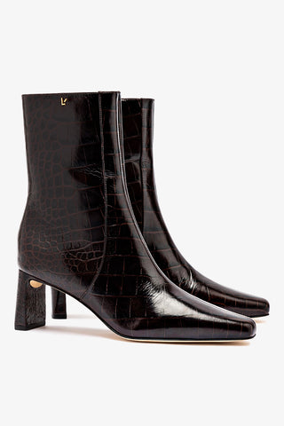 Alexis Bootie In Dark Croco Embossed Leather