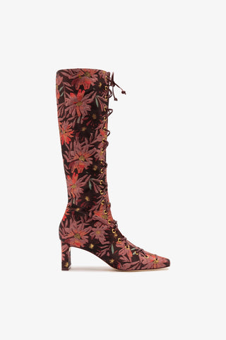 Larroudé x Markarian Alexis Hi Boot In Floral Embroidery Burgundy Fabric