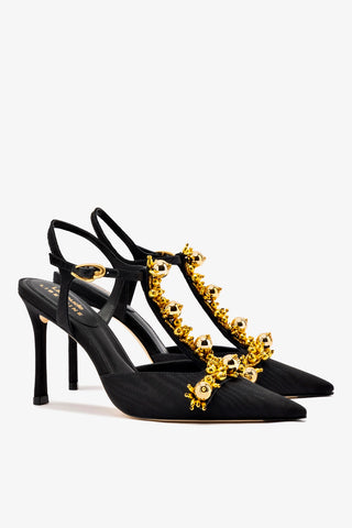 Larroudé x Libertine Pump In Black Fabric and Golden Balls