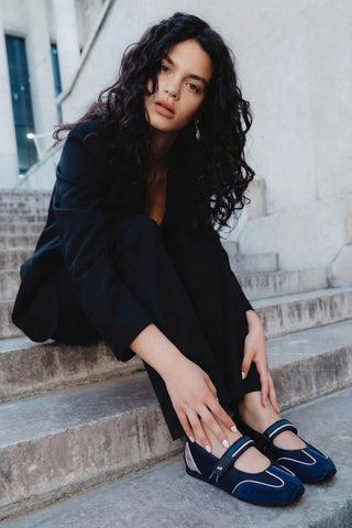 Devon Sneakerina Black Mesh and Navy Suede Ballet Larroudé