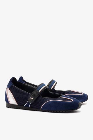 Devon Ballet Flat In Navy Suede, Black Mesh and Silver Metallic Leather