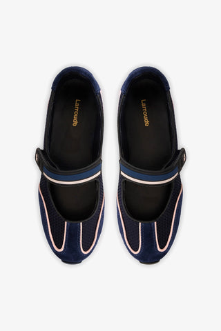 Devon Ballet Flat In Navy Suede, Black Mesh and Silver Metallic Leather