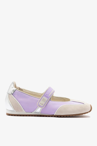 Devon Ballet Flat In Mushroom Grey Suede, Lilac Nylon and Silver Metallic Leather