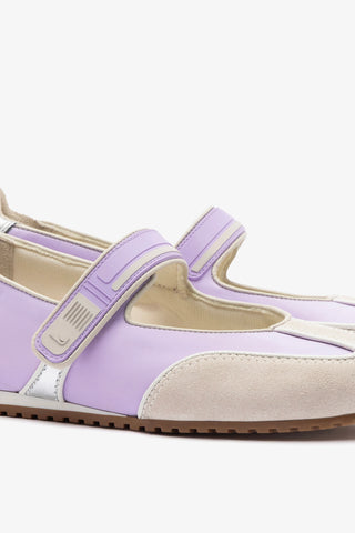Devon Ballet Flat In Mushroom Grey Suede, Lilac Nylon and Silver Metallic Leather
