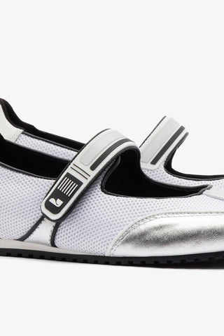 Devon Sneakerina White Mesh and Silver Leather Ballet Larroudé