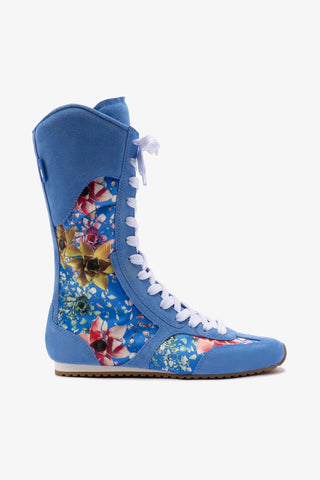 Larroude x Jonathan Cohen Flat Lo Sneaker Boot In Dodger Blue and Gardenias Colored Satin