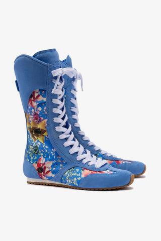 Larroude x Jonathan Cohen Flat Lo Sneaker Boot In Dodger Blue and Gardenias Colored Satin