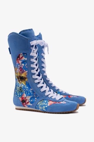 Larroudé x Jonathan Cohen Flat Lo Sneaker Boot In Dodger Blue and Gardenias Colored Satin