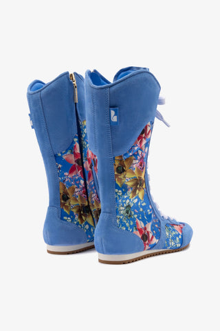 Larroudé x Jonathan Cohen Flat Lo Sneaker Boot In Dodger Blue and Gardenias Colored Satin