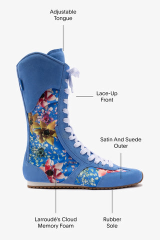 Larroudé x Jonathan Cohen Flat Lo Sneaker Boot In Dodger Blue and Gardenias Colored Satin