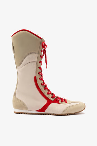 Larroudé x Jonathan Cohen Flat Lo Sneaker Boot In Ivory, Oyster Grey and Scarlet Suede