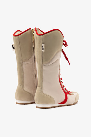 Larroudé x Jonathan Cohen Flat Lo Sneaker Boot In Ivory, Oyster Grey and Scarlet Suede