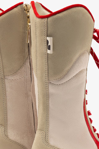 Larroudé x Jonathan Cohen Flat Lo Sneaker Boot In Ivory, Oyster Grey and Scarlet Suede