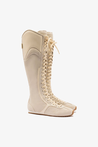 Larroudé x Jonathan Cohen Flat Hi Sneaker Boot In Mushroom Grey Suede and Ivory Leather