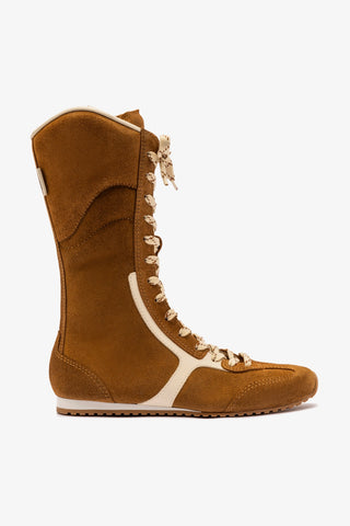 Larroudé x Jonathan Cohen Flat Lo Sneaker Boot In Russet Suede and Ivory Leather