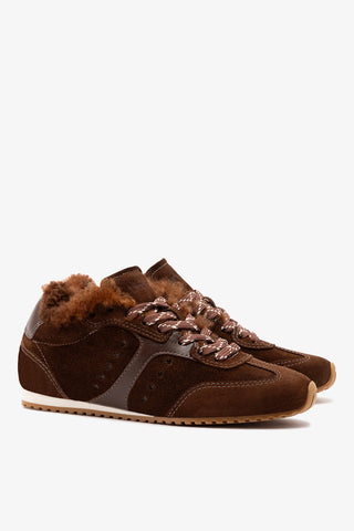 Stella Sneaker In Mushroom Brown Suede and Brown Shearling