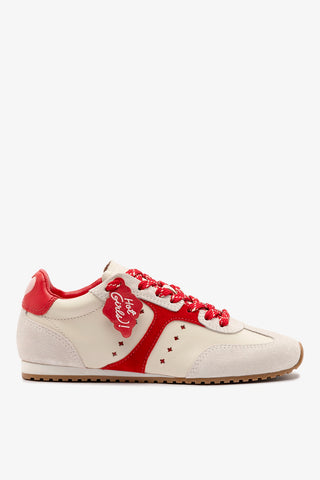 Stella Amore Sneaker In Ivory Leather and Scarlet Suede