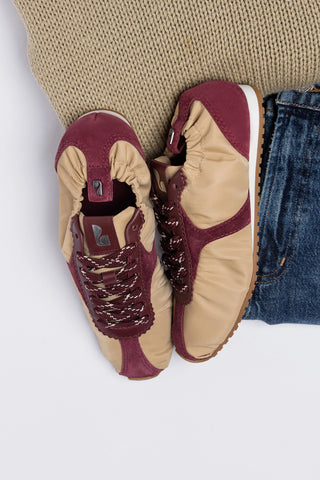 Stella Lite Sneaker Peanut Nylon and Burgundy Suede Sneaker Larroudé