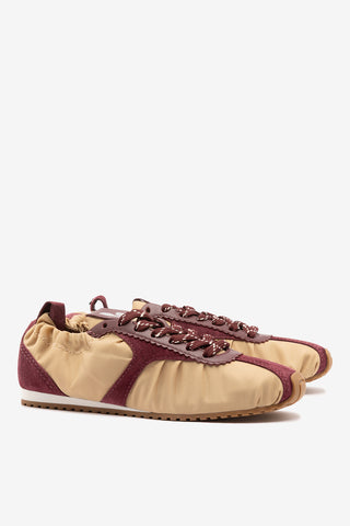 Stella Lite Sneaker Peanut Nylon and Burgundy Suede Sneaker Larroudé