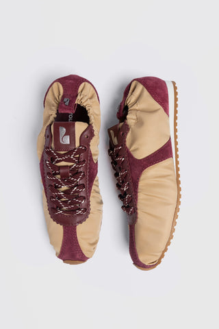 Stella Lite Sneaker Peanut Nylon and Burgundy Suede Sneaker Larroudé