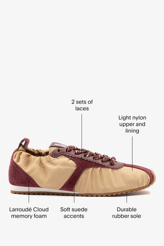 Stella Lite Sneaker Peanut Nylon and Burgundy Suede Sneaker Larroudé
