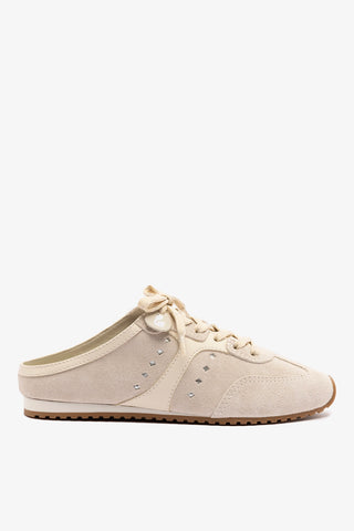 Stella Mule In Mushroom Grey Suede and Ivory Leather Sneaker Larroudé