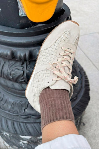 Stella Macrame Sneaker In Mushroom Grey Leather and Suede Sneaker Larroudé
