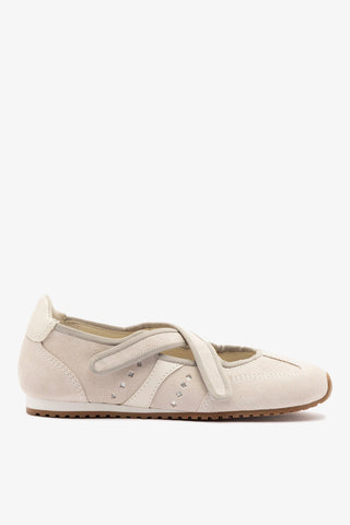 Stella Ballerina Flat In Mushroom Grey Suede and Ivory Leather