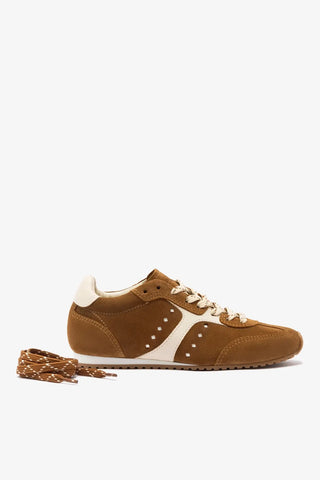 Stella Sneaker In Russet Suede and Ivory Leather Sneaker Larroudé