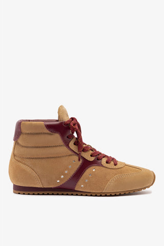 Stella Mid Sneaker In Peanut Suede and Burgundy Leather