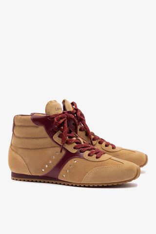 Stella Mid Sneaker In Peanut Suede and Burgundy Leather