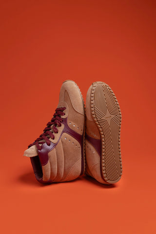 Stella Mid Sneaker In Peanut Suede and Burgundy Leather