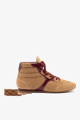 Stella Mid Sneaker In Peanut Suede and Burgundy Leather