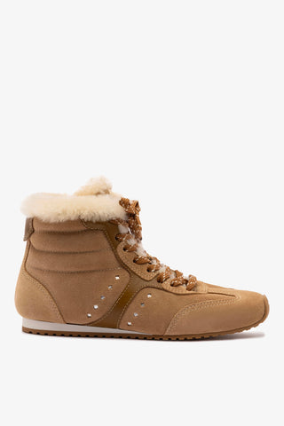 Stella Mid Sneaker In Peanut Suede And Natural Shearling