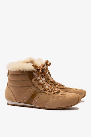 Stella Mid Sneaker In Peanut Suede And Natural Shearling