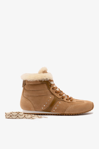 Stella Mid Sneaker In Peanut Suede And Natural Shearling