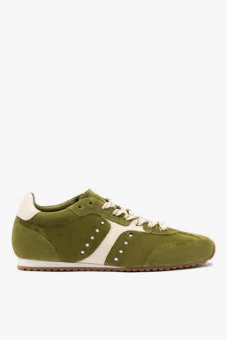 Stella Sneaker In Seaweed Suede and Ivory Leather Sneaker Larroudé