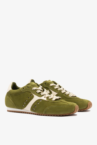 Stella Sneaker In Seaweed Suede and Ivory Leather Sneaker Larroudé