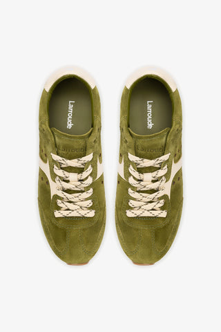 Stella Sneaker In Seaweed Suede and Ivory Leather Sneaker Larroudé