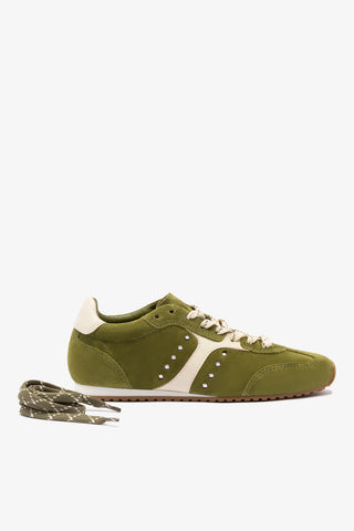 Stella Sneaker In Seaweed Suede and Ivory Leather Sneaker Larroudé