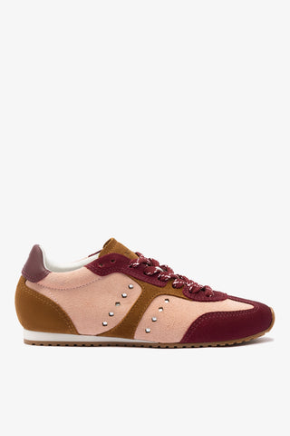 Stella Sneaker In Tulip, Russet and Wine Suede and Silver Metallic Leather Sneaker Larroudé 5 Tulip